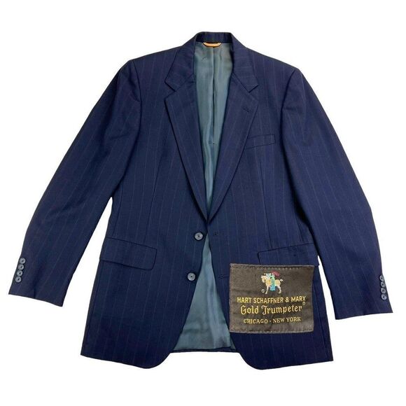 HART SCHAFFNER MARX GOLD TRUMPETER Men’s Navy Blue Pinstripe Blazer Jacket 40L - Picture 1 of 12